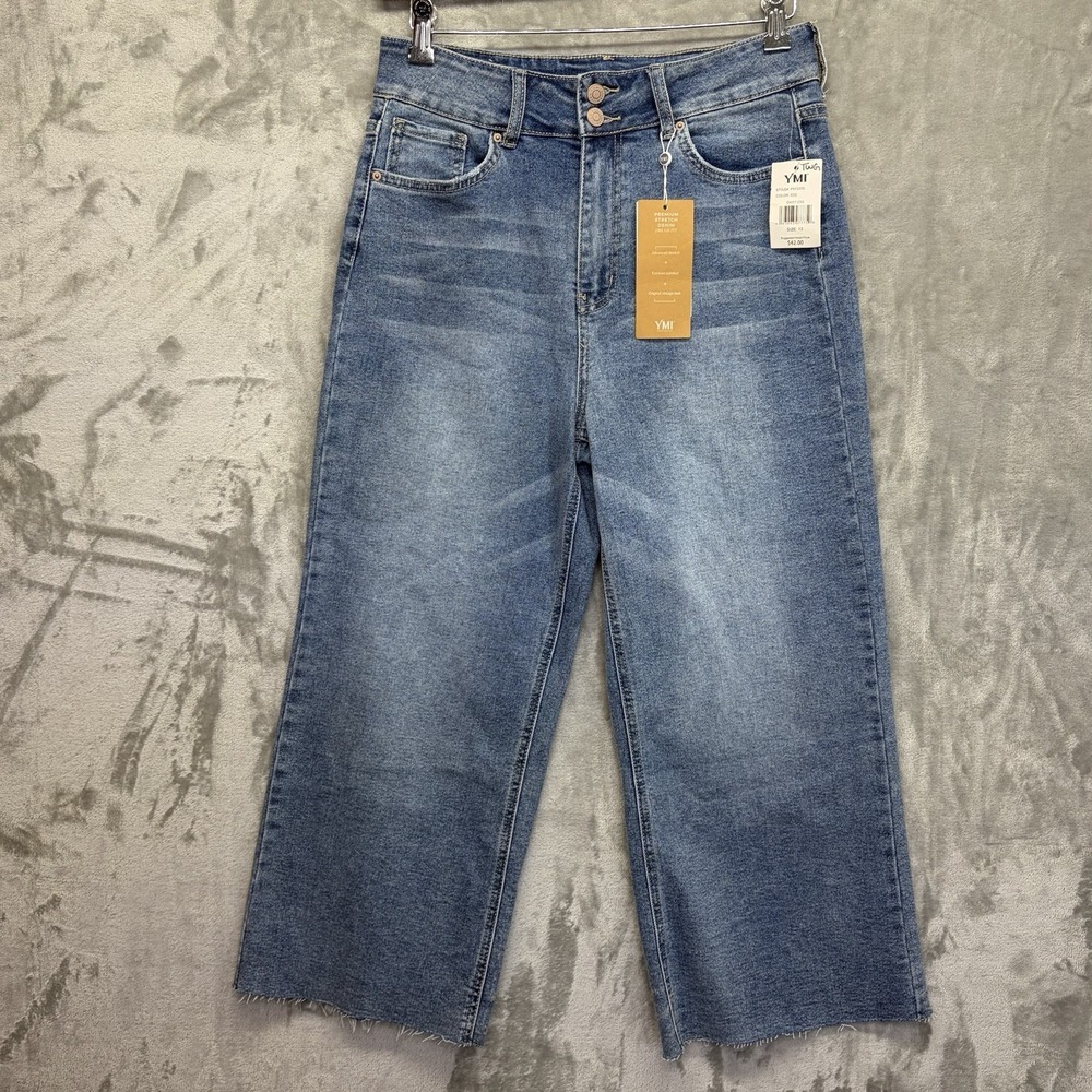 NWT YMI Womens Dream Fit Wide-Leg High-Rise Blue Jeans Distressed Sz 13 Stretch